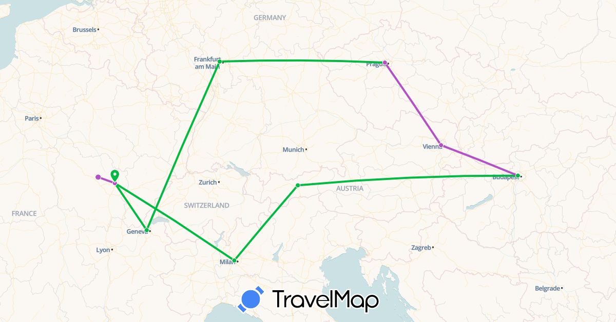 TravelMap itinerary: driving, bus, train in Austria, Switzerland, Czech Republic, Germany, France, Hungary, Italy (Europe)